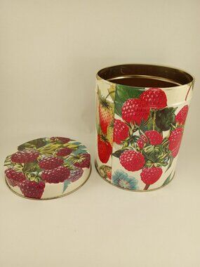 Vintage Department 56 Berries Tin 6" tall, round canister, raspberry blackberry